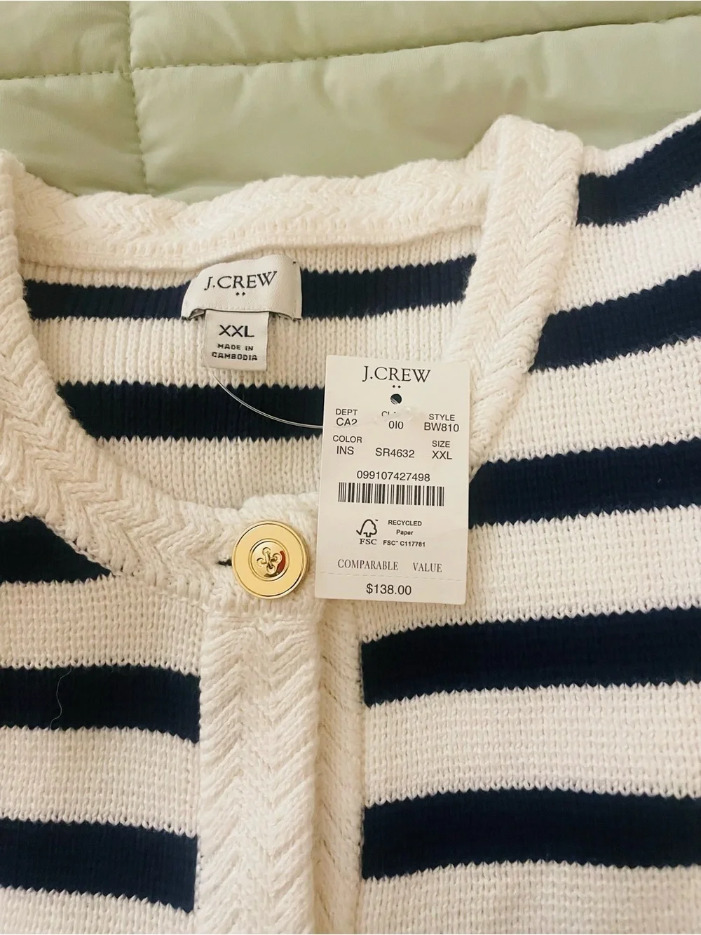 J. Crew Navy and White Striped Knit Cardigan with Gold Button